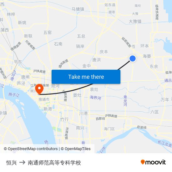 恒兴 to 南通师范高等专科学校 map