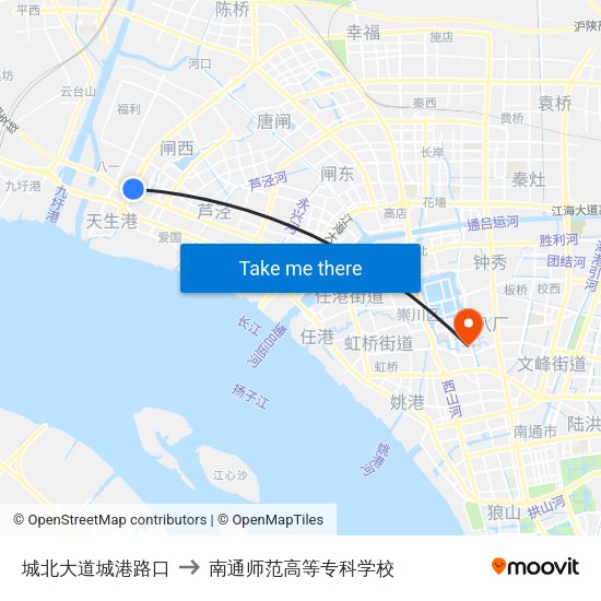 城北大道城港路口 to 南通师范高等专科学校 map