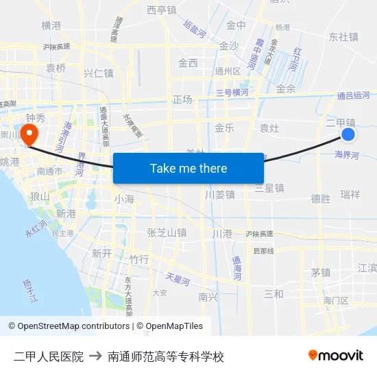 二甲人民医院 to 南通师范高等专科学校 map