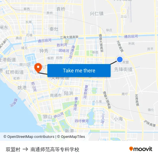 双盟村 to 南通师范高等专科学校 map