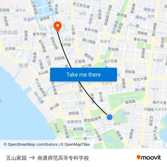 五山家园 to 南通师范高等专科学校 map