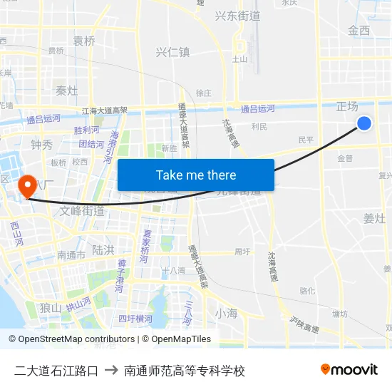 二大道石江路口 to 南通师范高等专科学校 map