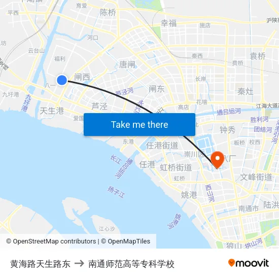黄海路天生路东 to 南通师范高等专科学校 map