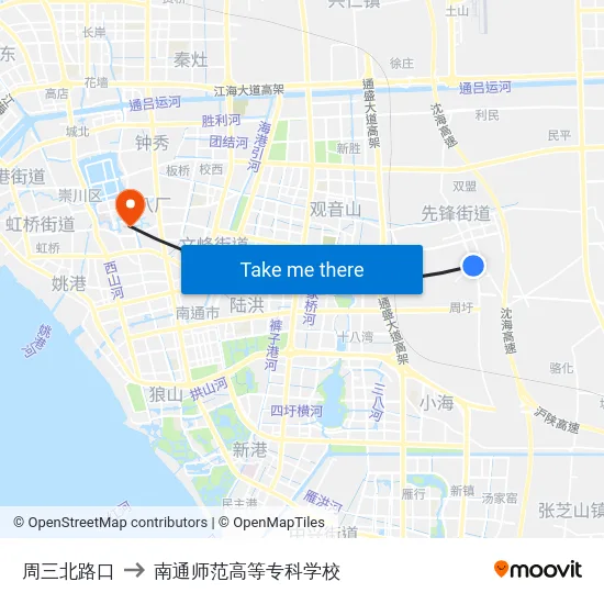 周三北路口 to 南通师范高等专科学校 map