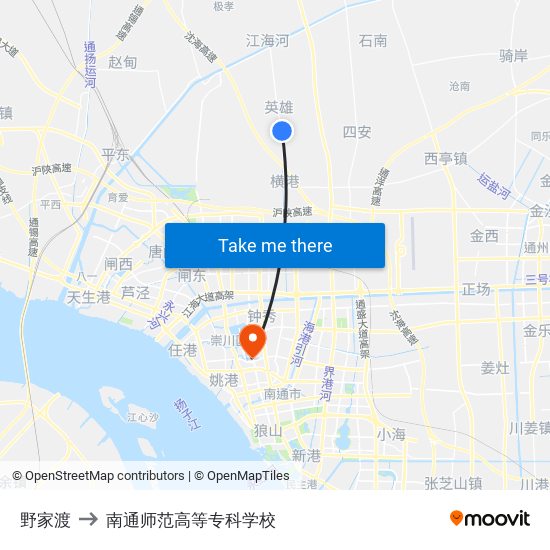 野家渡 to 南通师范高等专科学校 map