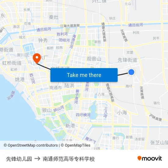 先锋幼儿园 to 南通师范高等专科学校 map