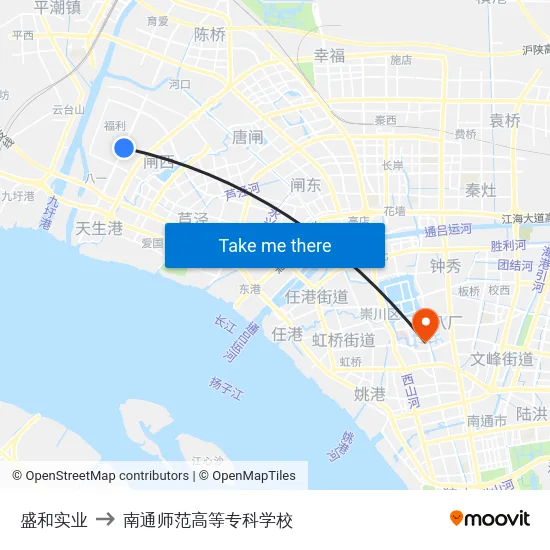 盛和实业 to 南通师范高等专科学校 map