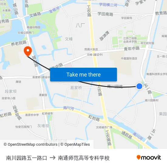 南川园路五一路口 to 南通师范高等专科学校 map