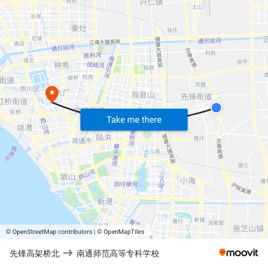 先锋高架桥北 to 南通师范高等专科学校 map
