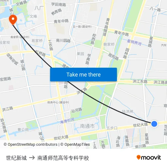世纪新城 to 南通师范高等专科学校 map