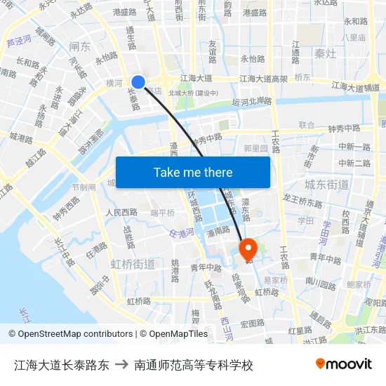 江海大道长泰路东 to 南通师范高等专科学校 map