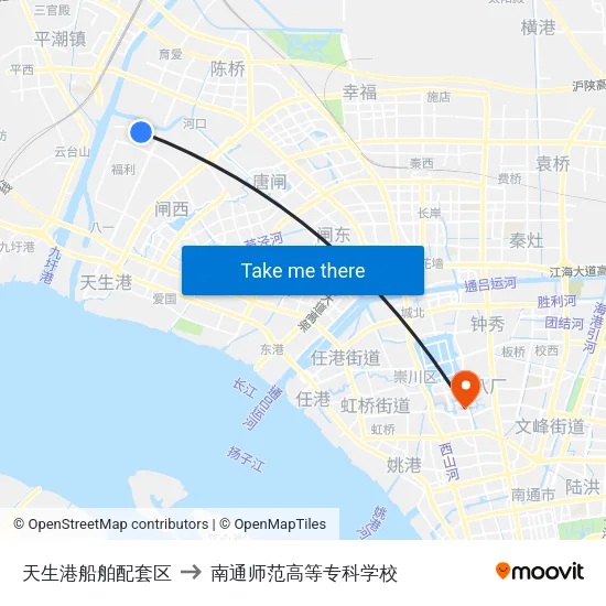 天生港船舶配套区 to 南通师范高等专科学校 map
