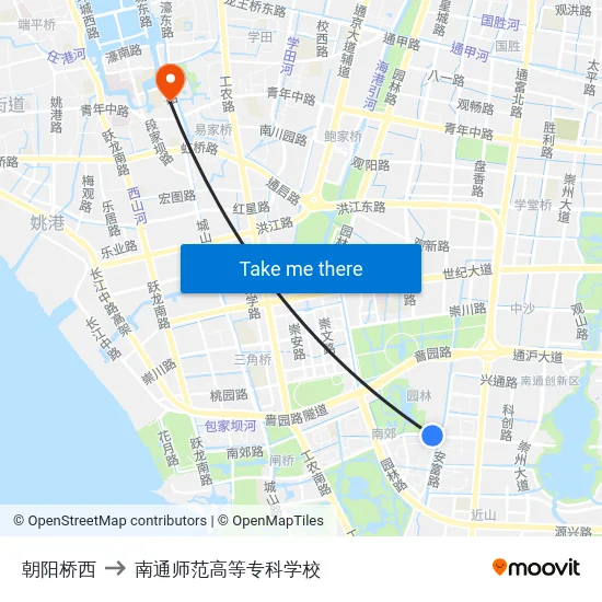 朝阳桥西 to 南通师范高等专科学校 map