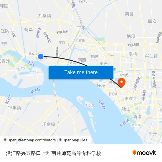 沿江路兴五路口 to 南通师范高等专科学校 map
