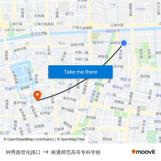 钟秀路世伦路口 to 南通师范高等专科学校 map