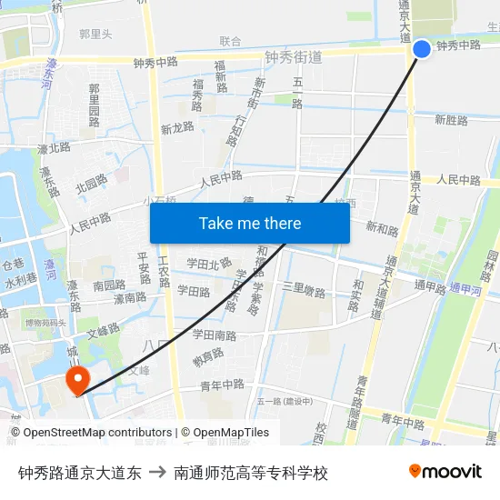 钟秀路通京大道东 to 南通师范高等专科学校 map
