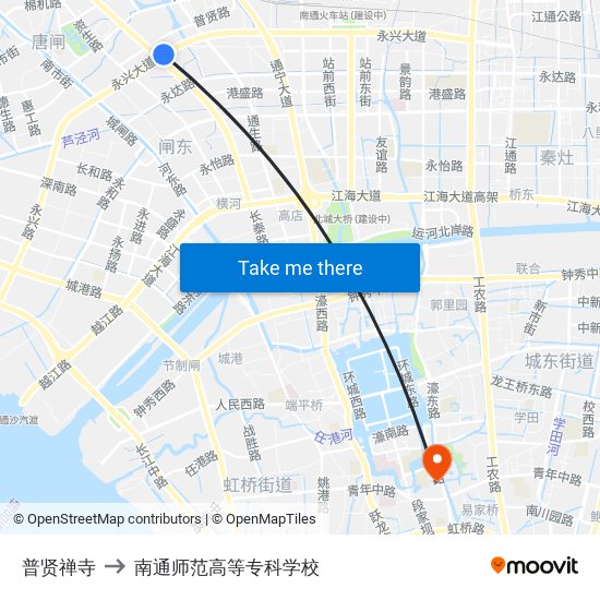 普贤禅寺 to 南通师范高等专科学校 map