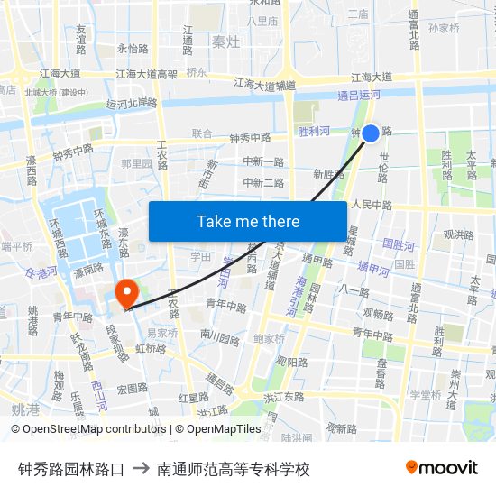 钟秀路园林路口 to 南通师范高等专科学校 map