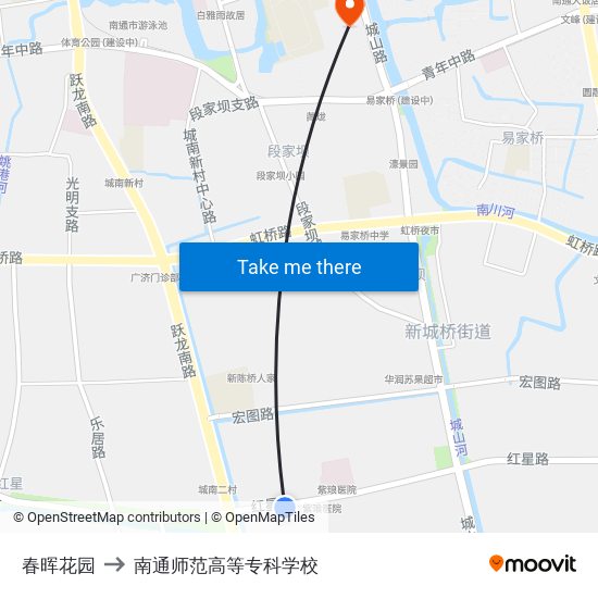 春晖花园 to 南通师范高等专科学校 map