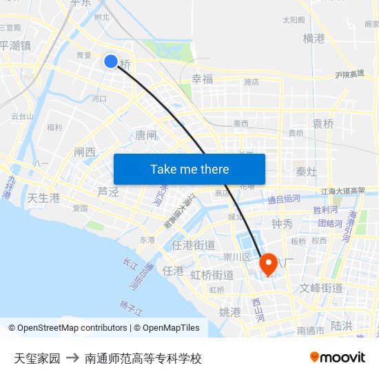 天玺家园 to 南通师范高等专科学校 map