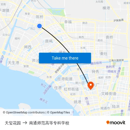 天玺花园 to 南通师范高等专科学校 map