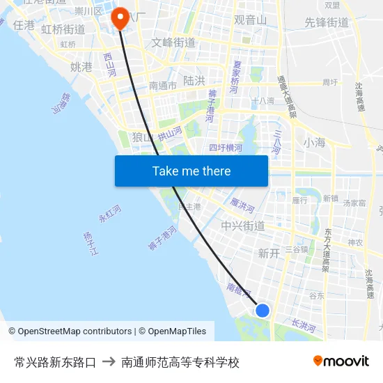 常兴路新东路口 to 南通师范高等专科学校 map