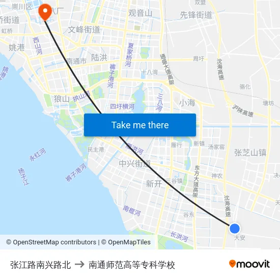 张江路南兴路北 to 南通师范高等专科学校 map