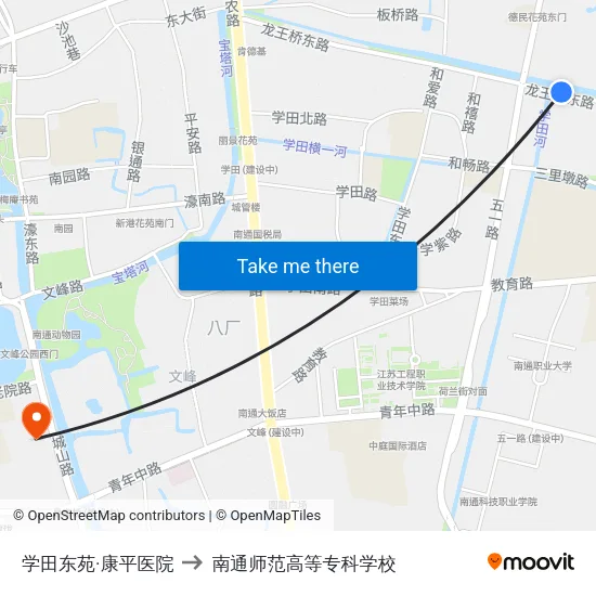 学田东苑·康平医院 to 南通师范高等专科学校 map