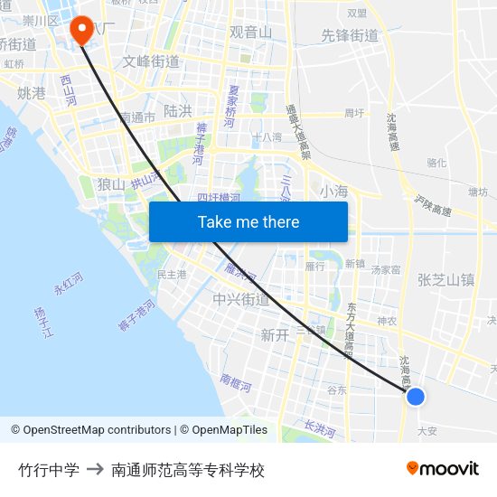 竹行中学 to 南通师范高等专科学校 map