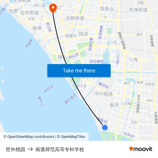 世外桃园 to 南通师范高等专科学校 map