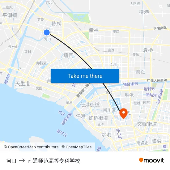 河口 to 南通师范高等专科学校 map