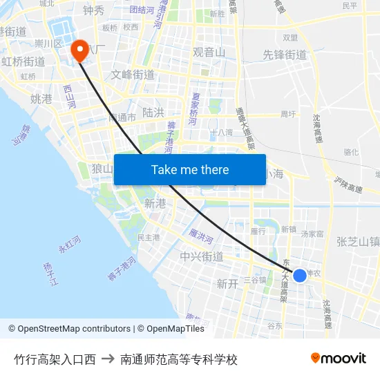 竹行高架入口西 to 南通师范高等专科学校 map