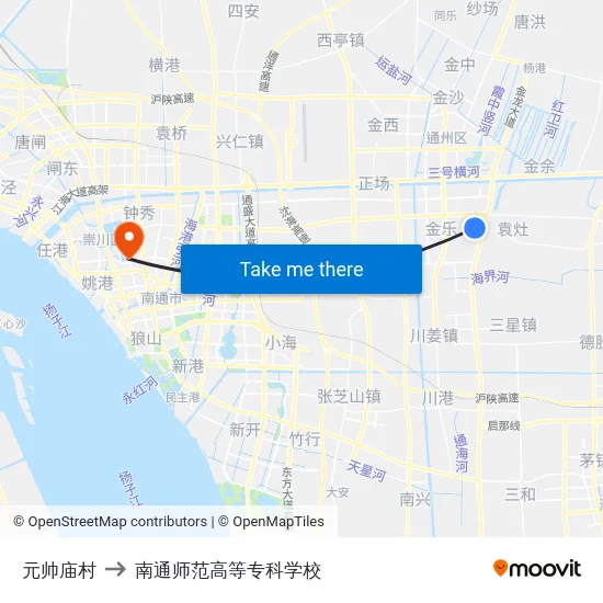 元帅庙村 to 南通师范高等专科学校 map