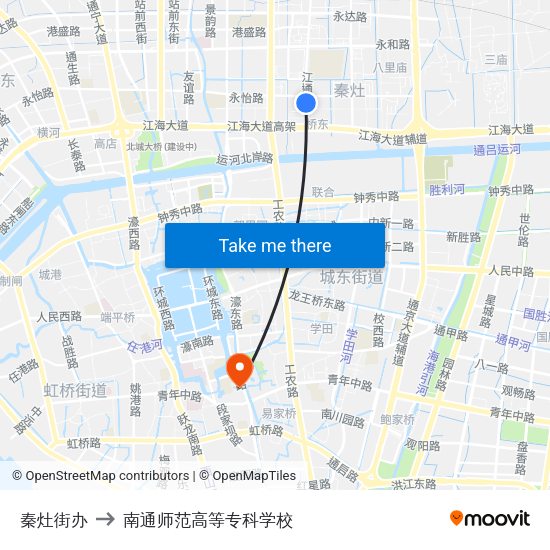 秦灶街办 to 南通师范高等专科学校 map