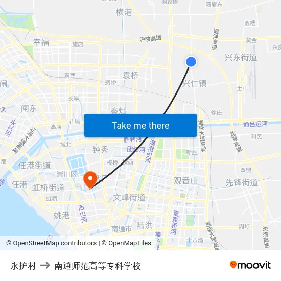 永护村 to 南通师范高等专科学校 map