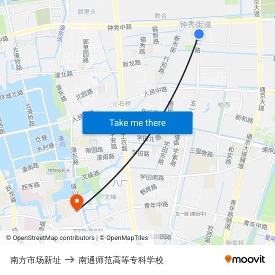南方市场新址 to 南通师范高等专科学校 map