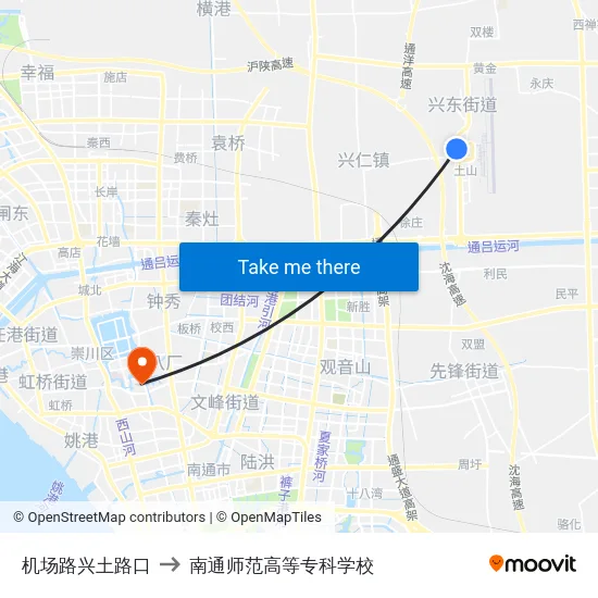 机场路兴土路口 to 南通师范高等专科学校 map