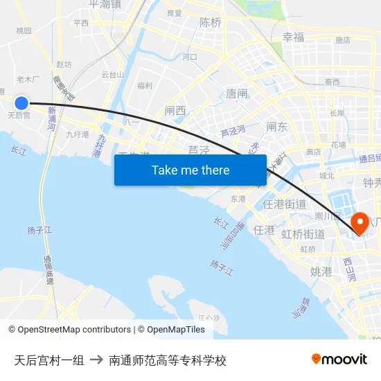 天后宫村一组 to 南通师范高等专科学校 map