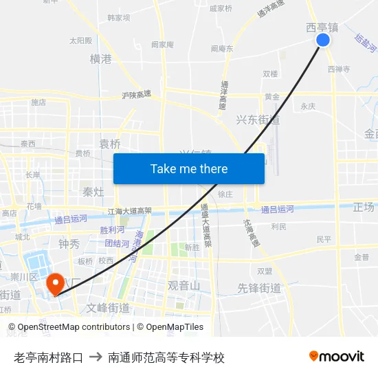 老亭南村路口 to 南通师范高等专科学校 map