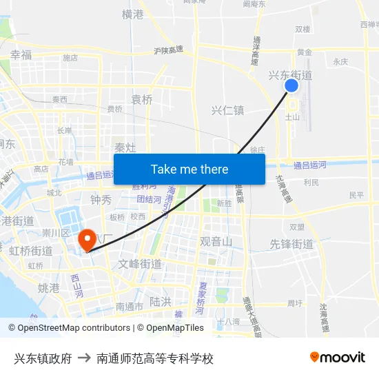 兴东镇政府 to 南通师范高等专科学校 map