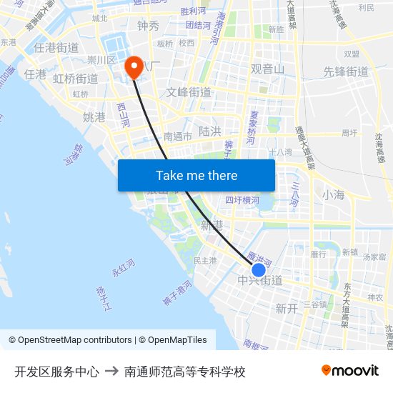 开发区服务中心 to 南通师范高等专科学校 map