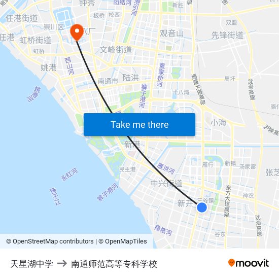 天星湖中学 to 南通师范高等专科学校 map