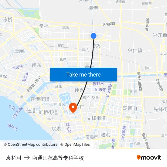 袁桥村 to 南通师范高等专科学校 map