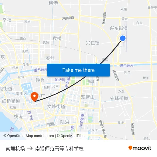 南通机场 to 南通师范高等专科学校 map