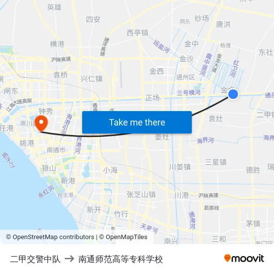 二甲交警中队 to 南通师范高等专科学校 map
