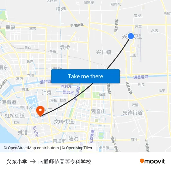 兴东小学 to 南通师范高等专科学校 map