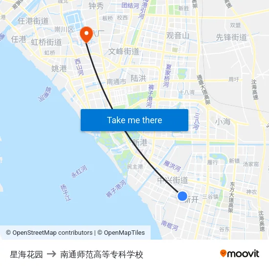 星海花园 to 南通师范高等专科学校 map