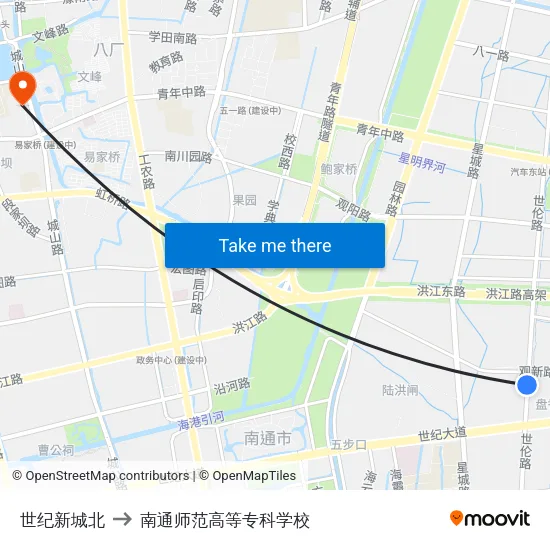世纪新城北 to 南通师范高等专科学校 map