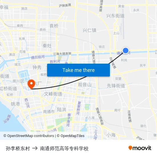 孙李桥东村 to 南通师范高等专科学校 map
