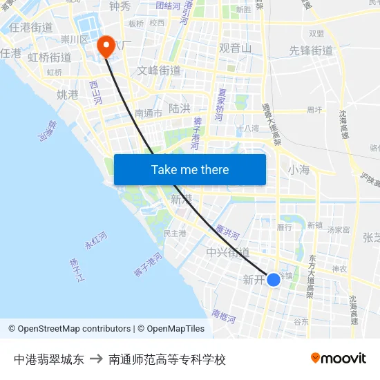 中港翡翠城东 to 南通师范高等专科学校 map